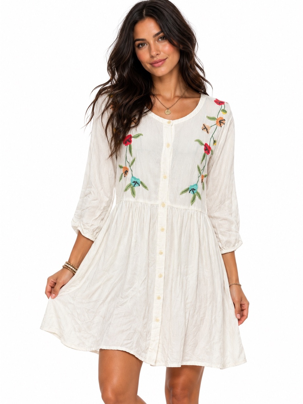O'Neill White Button-Front Tunic Dress Multicolor Floral Embroidery Boho Medium